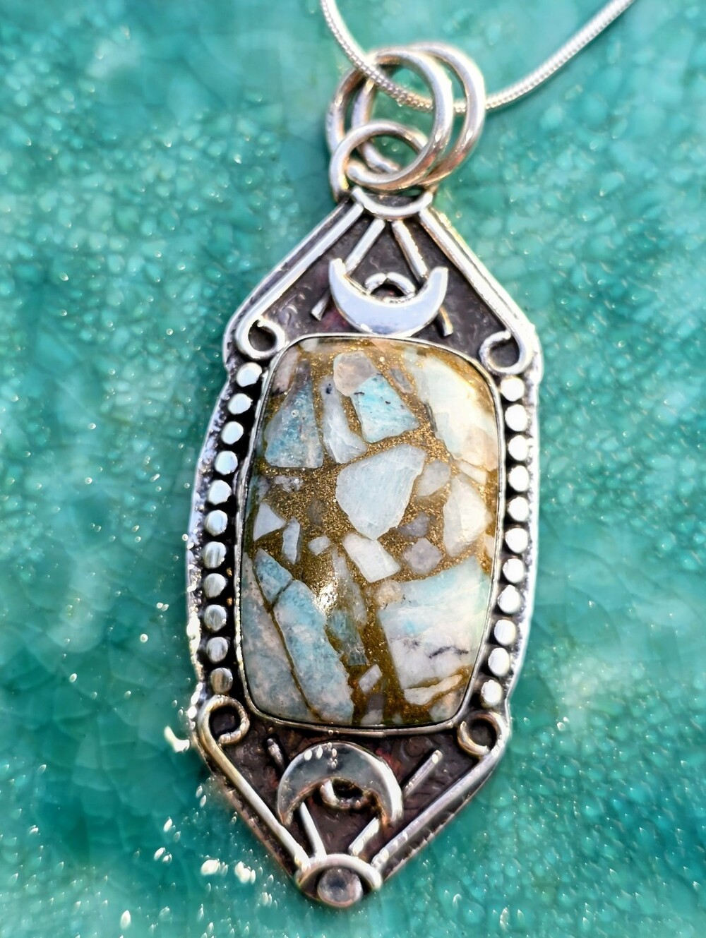 Copper Larimar Gemstone Pendant In 925 Sterling Silver (2.57")
